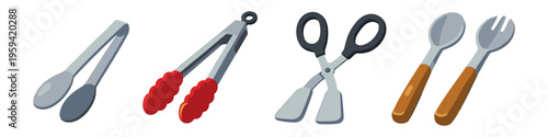 Collection of kitchen utensils including tongs, scissors, and serving spoons