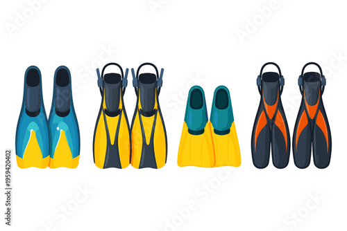 Collection of colorful diving fins for various water sports and activities