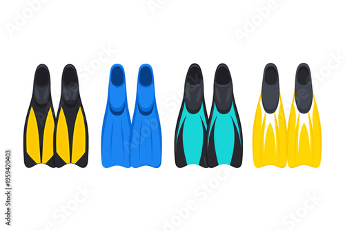 Collection of colorful swimming fins for water sports and diving activities