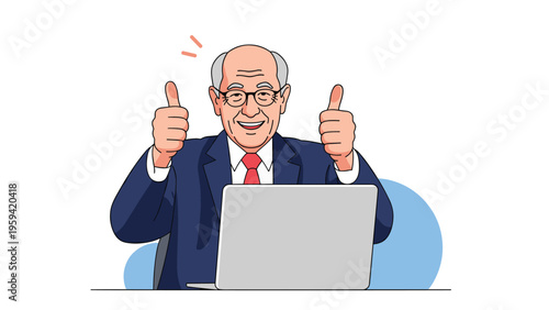 Cheerful elderly businessman in a smart blue suit gives a double thumbs up gesture while working on his laptop at a desk.