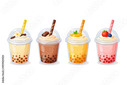 Four colorful bubble tea drinks with various toppings and flavors