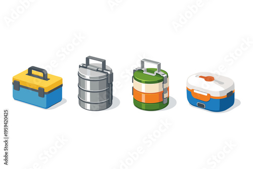 Collection of four distinct portable containers for food and tools