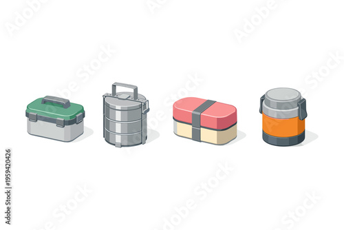 Collection of four diverse lunch boxes and food containers in isometric view