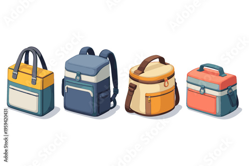 Collection of insulated lunch bags and backpacks for food storage and travel