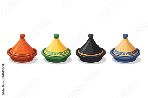 Four colorful tagine pots arranged in a row on a white background