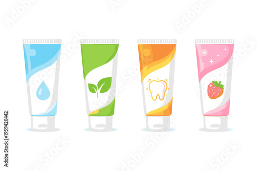Collection of four colorful toothpaste tubes with different flavors and benefits