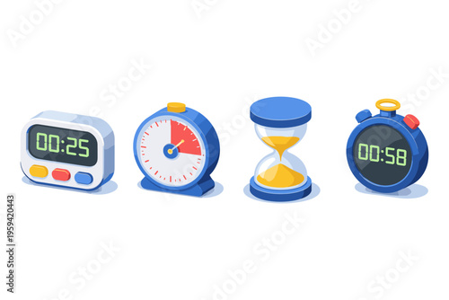 Collection of four different timekeeping devices including a digital timer, analog clock, hourglass, and stopwatch