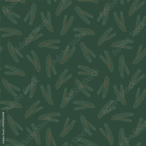 Seamless pattern with spruce branches scattered on green background. A festive vector background for Christmas banners, wallpaper, wrapping paper and fabric prints.