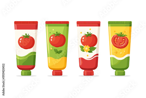 Collection of colorful tomato paste tubes with fresh ingredients and designs