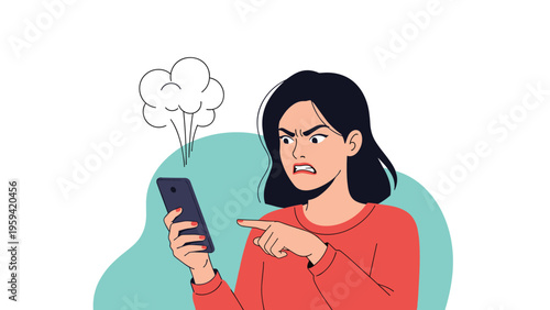 Frustrated woman with a furious expression points angrily at her smartphone as steam rises from the device during a tech failure.