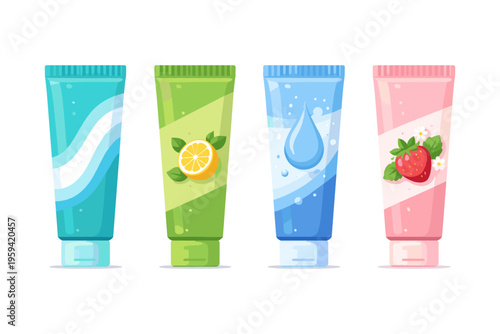 Collection of four colorful cosmetic tubes with fruit and water droplet designs