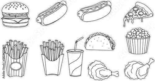 Fast food line art elements with cheeseburger and chips