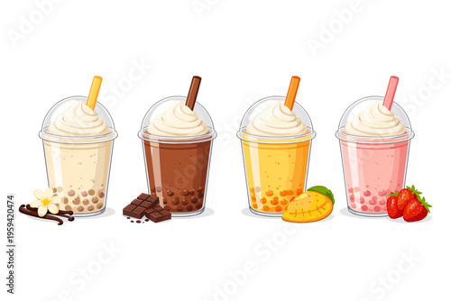 Assortment of four colorful bubble tea drinks with fruit and chocolate flavors
