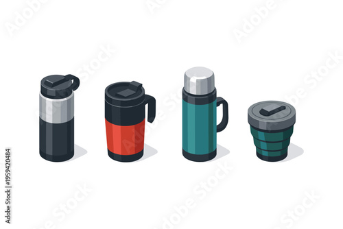 Collection of insulated travel mugs and a collapsible cup in isometric view
