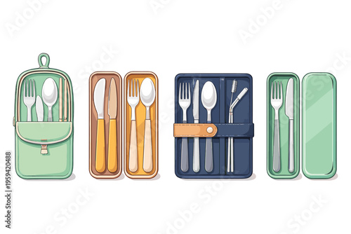 Reusable cutlery sets in various portable cases for on-the-go dining