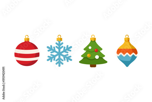 Collection of festive Christmas ornaments including a tree, snowflake, and baubles