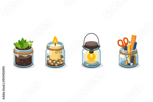 Four glass jars repurposed for different uses: planting, candle holder, lamp, and stationery organizer