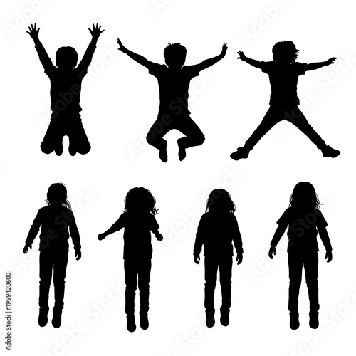 Vector Children Running Silhouettes Collection Isolated on White Background
