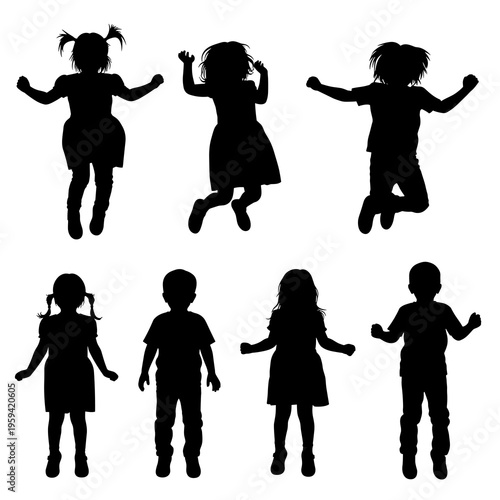 Vector Children Running Silhouettes Collection Isolated on White Background

