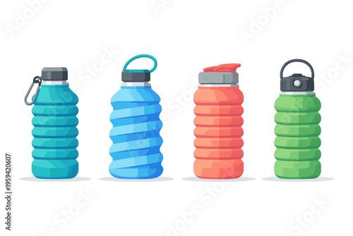 Collection of colorful collapsible water bottles for outdoor activities