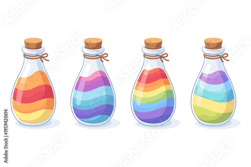 Four colorful potions in glass bottles with cork stoppers and tied ribbons