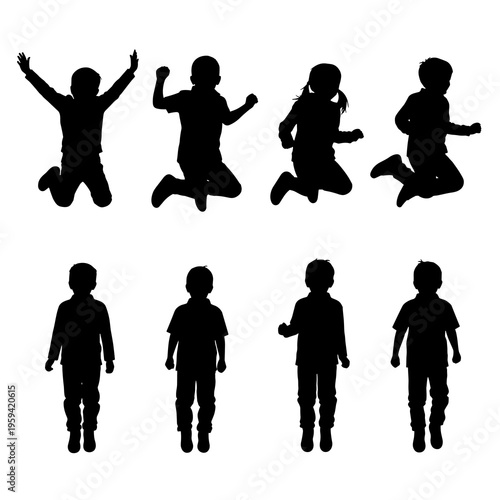 Vector Children Running Silhouettes Collection Isolated on White Background
