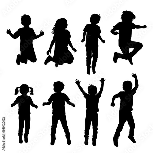 Vector Children Running Silhouettes Collection Isolated on White Background
