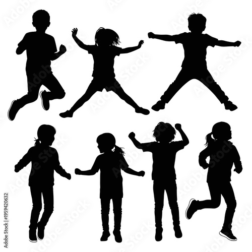 Vector Children Running Silhouettes Collection Isolated on White Background
