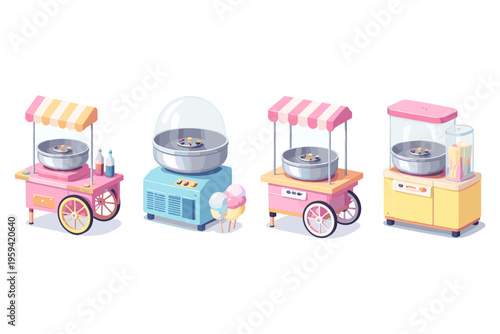 Collection of colorful cartoon cotton candy machines and ice cream cones