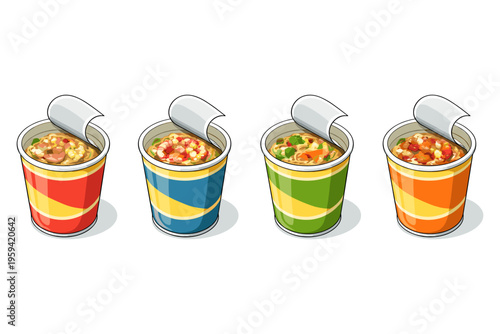 Four colorful cups of instant noodles with open lids, ready to eat