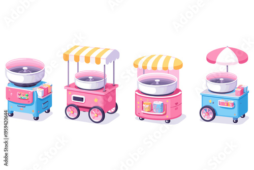 Collection of colorful cartoon cotton candy machines with awnings and umbrellas