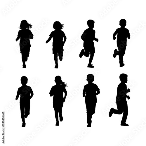 Vector Children Running Silhouettes Collection Isolated on White Background

