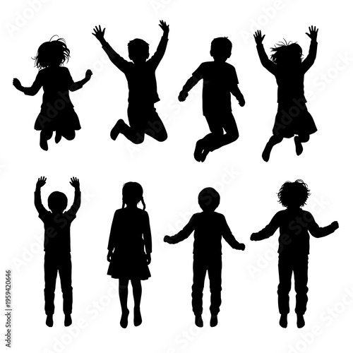 Vector Children Running Silhouettes Collection Isolated on White Background
