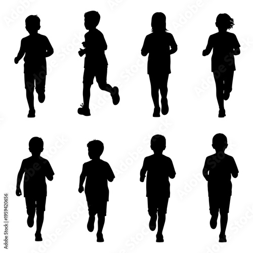 Vector Children Running Silhouettes Collection Isolated on White Background
