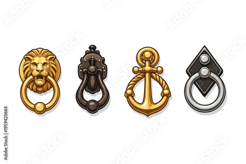 Collection of four distinct antique door knockers with unique designs and materials