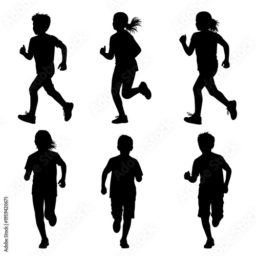 Vector Children Running Silhouettes Collection Isolated on White Background
