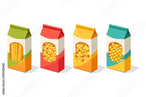 Assortment of colorful pasta boxes with different shapes and varieties