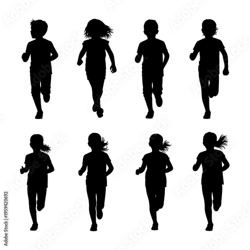 Vector Children Running Silhouettes Collection Isolated on White Background

