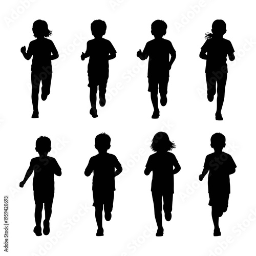 Vector Children Running Silhouettes Collection Isolated on White Background

