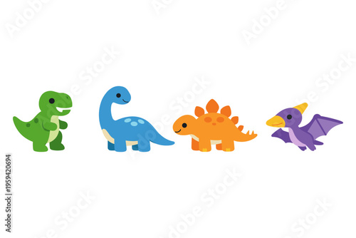 Cute cartoon dinosaurs including T-Rex, Brontosaurus, Stegosaurus, and Pterodactyl