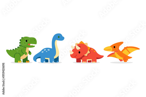 Cute cartoon dinosaurs collection with T-Rex, Brontosaurus, Triceratops, and Pterodactyl