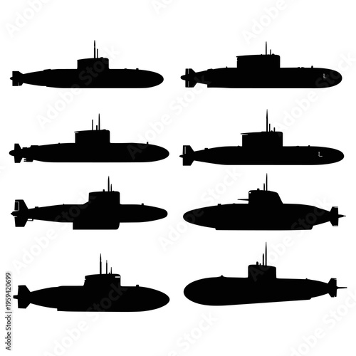 Vector Submarine Silhouettes Collection Isolated on White Background
