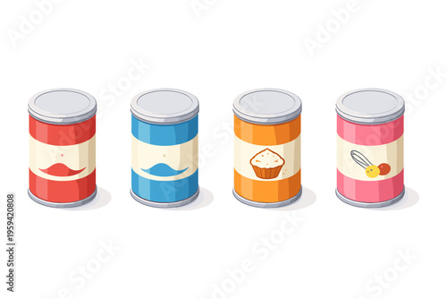 Four colorful canned goods with playful illustrations on white background