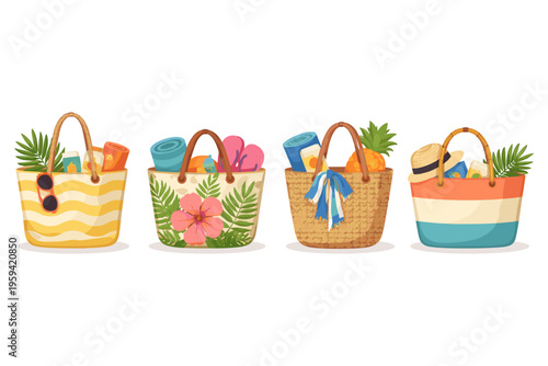 Four stylish beach bags filled with summer essentials and accessories