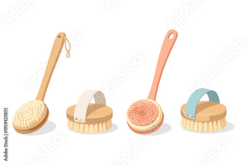 Collection of four bath brushes with wooden handles and bristles for skincare