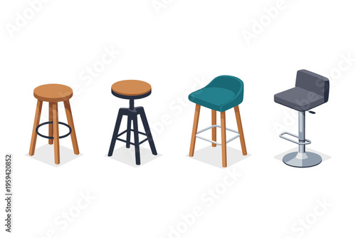 Collection of four diverse bar stools in isometric view on a white background
