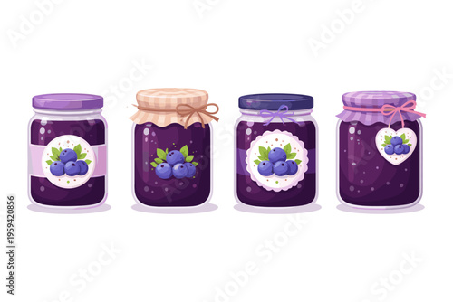 Four jars of homemade blueberry jam with decorative labels and ribbons