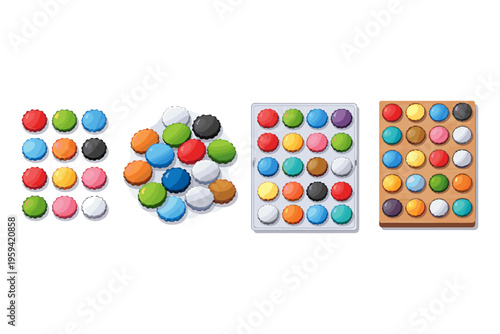 Collection of colorful bottle caps arranged in different patterns and containers