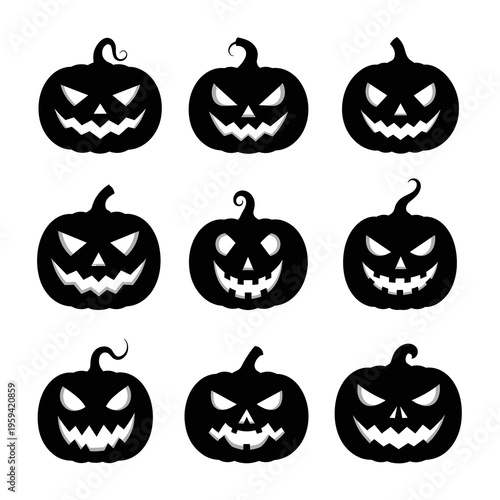 Vector Halloween Pumpkin Silhouettes Collection Isolated on White Background
