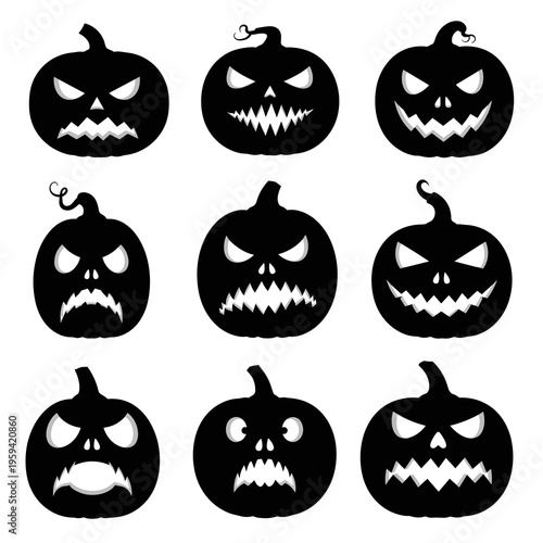 Vector Halloween Pumpkin Silhouettes Collection Isolated on White Background
